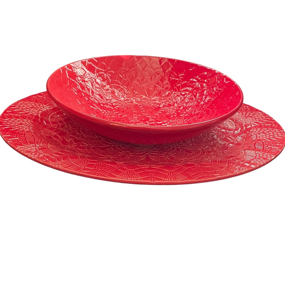 Beaver Farm Pottery Serving red ceramic plate and bowl set